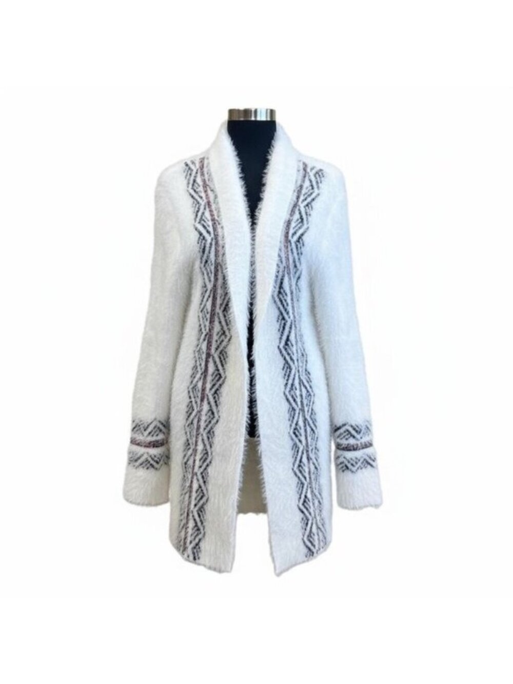 Cardigan open front sweater, large, aztec, boho, southwestern, fluff fringe